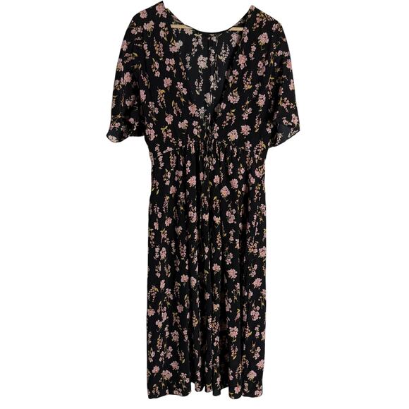 Les Reveries Black Floral Printed Short Sleeve A-Line Silk Midi Dress Size 4 - Picture 10 of 14